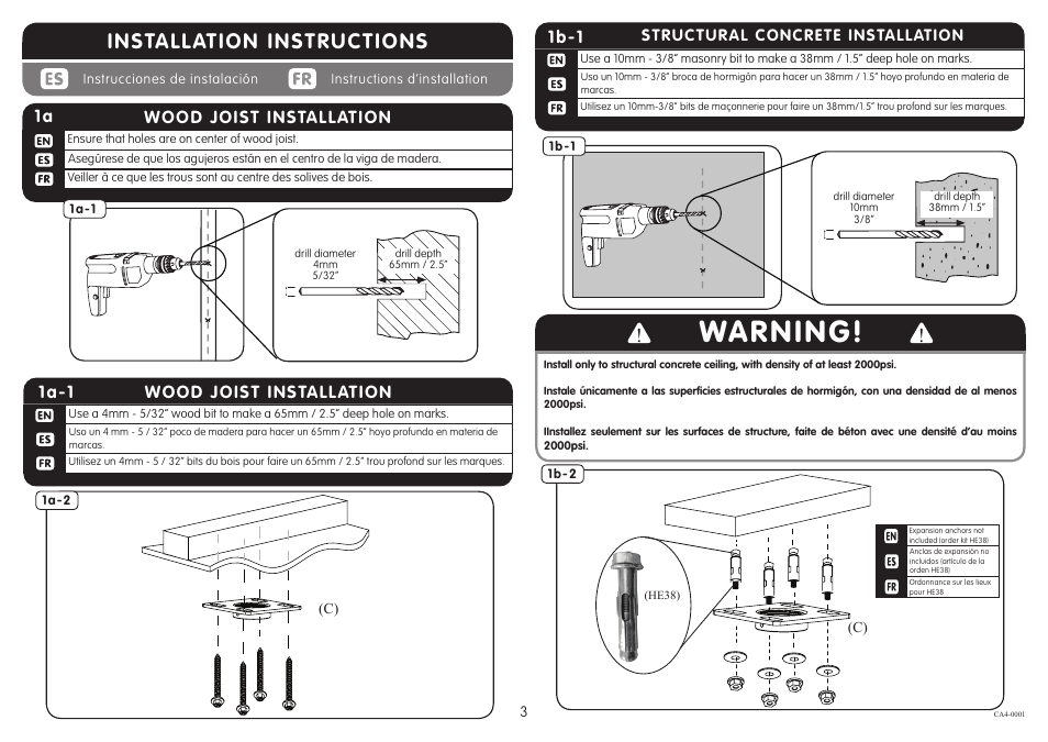 Warning, Installation instructions, Wood joist installation 1a-1 | Wood joist installation, 1b-1 | Crimson CA4 User Manual | Page 3 / 5
