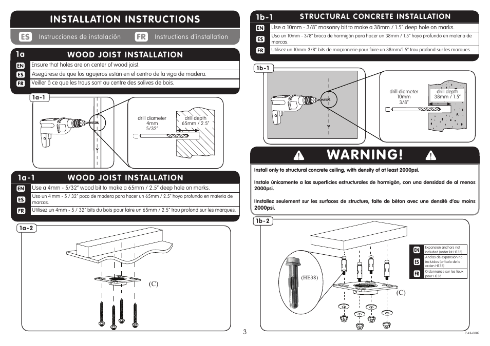 Warning, Installation instructions, Wood joist installation 1a-1 | Wood joist installation, 1b-1 | Crimson CA8 User Manual | Page 3 / 5