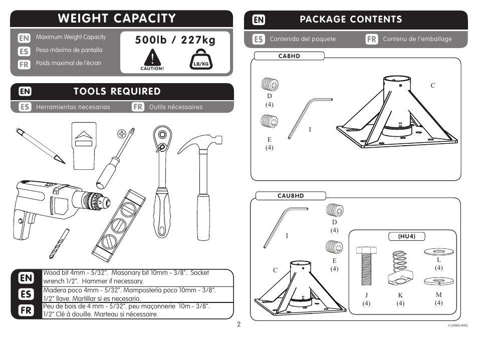 Weight capacity, Tools required, Package contents | Crimson CA8HD User Manual | Page 2 / 5