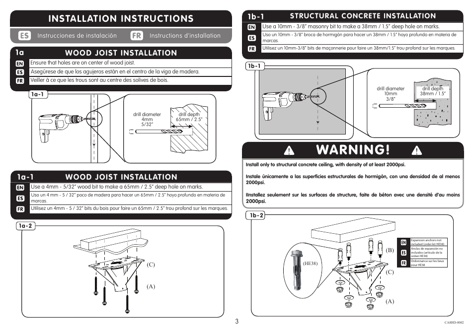 Warning, Installation instructions, Wood joist installation 1a-1 | Wood joist installation, 1b-1 | Crimson CA8HD User Manual | Page 3 / 5