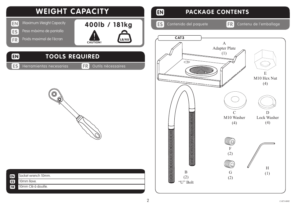 Weight capacity, Package contents, Tools required | Crimson CAT3 User Manual | Page 2 / 4