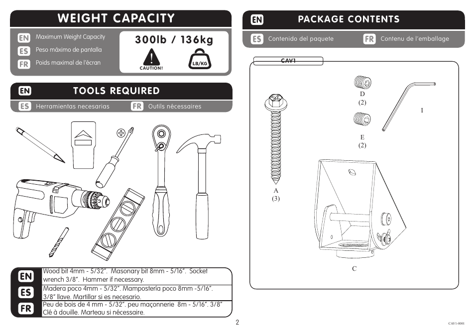 Weight capacity, Package contents, Tools required | Crimson CAV1 User Manual | Page 2 / 4
