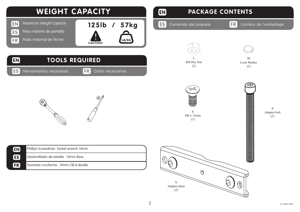 Weight capacity, Package contents, Tools required | Crimson CLAMP3 User Manual | Page 2 / 5