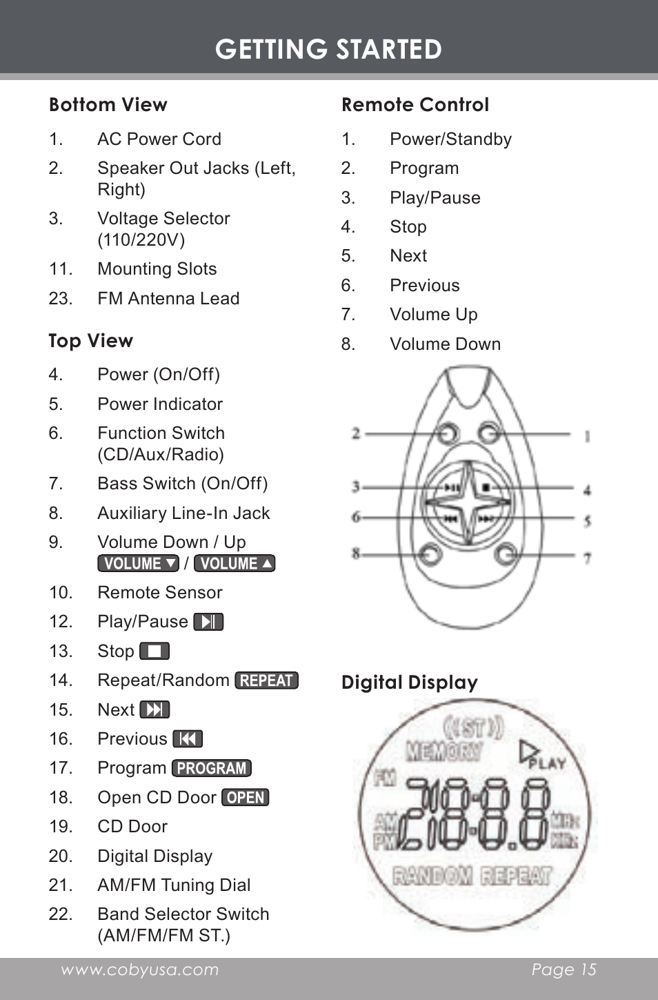 Bottom view, Top view, Remote control | Digital display, Getting started | COBY electronic COBY CX CD377 User Manual | Page 15 / 28