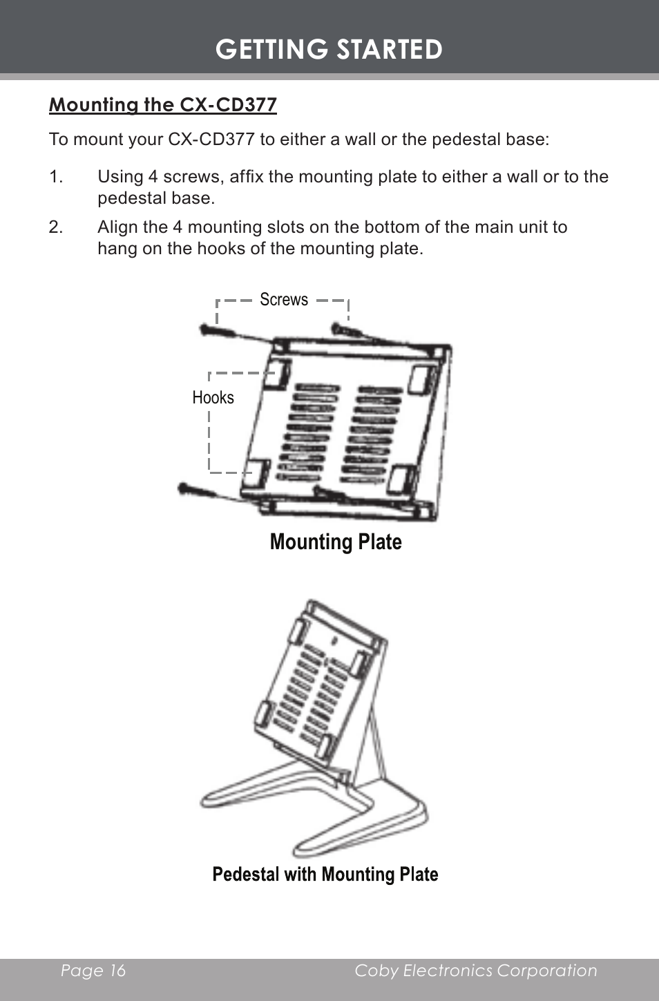 Mounting the cx-cd377, Getting started, Mounting plate | COBY electronic COBY CX CD377 User Manual | Page 16 / 28