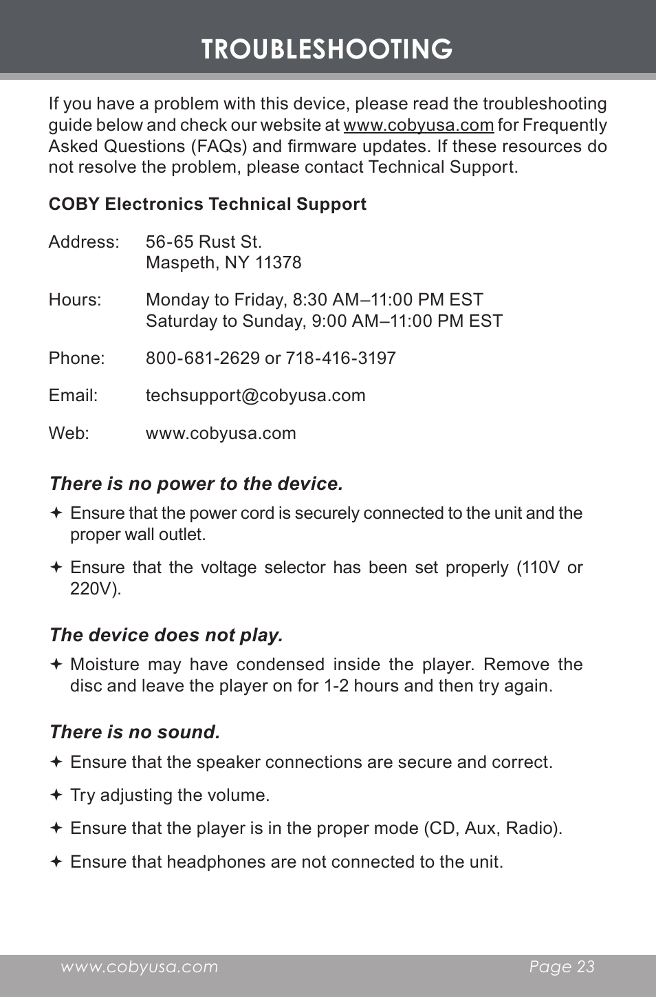 Troubleshooting | COBY electronic COBY CX CD377 User Manual | Page 23 / 28