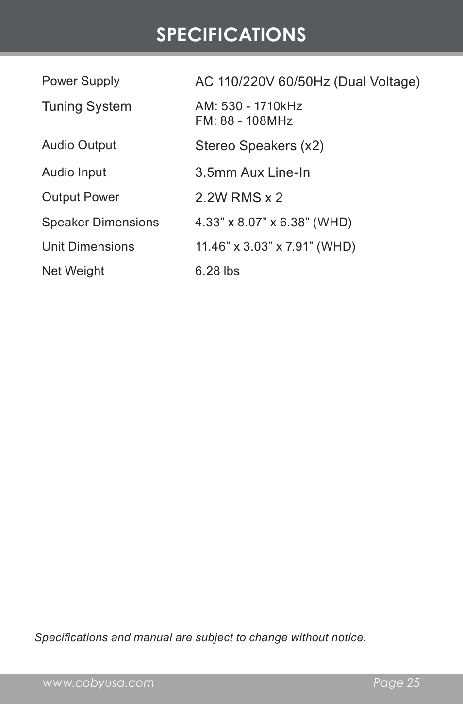 Specifications | COBY electronic COBY CX CD377 User Manual | Page 25 / 28