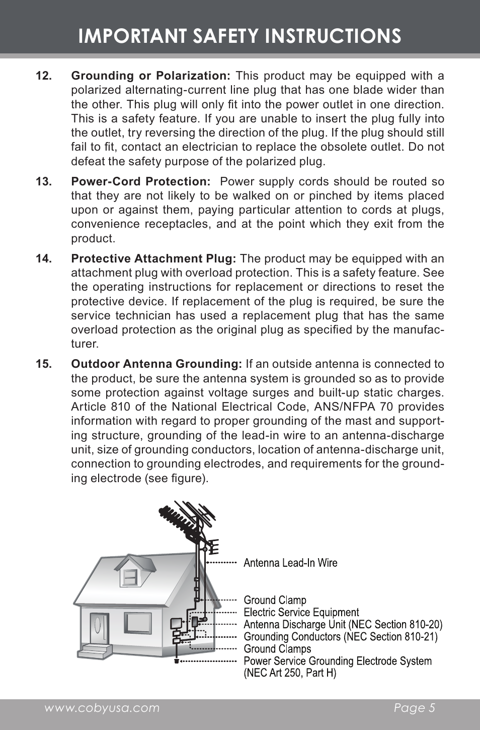 Important safety instructions | COBY electronic COBY CX CD377 User Manual | Page 5 / 28
