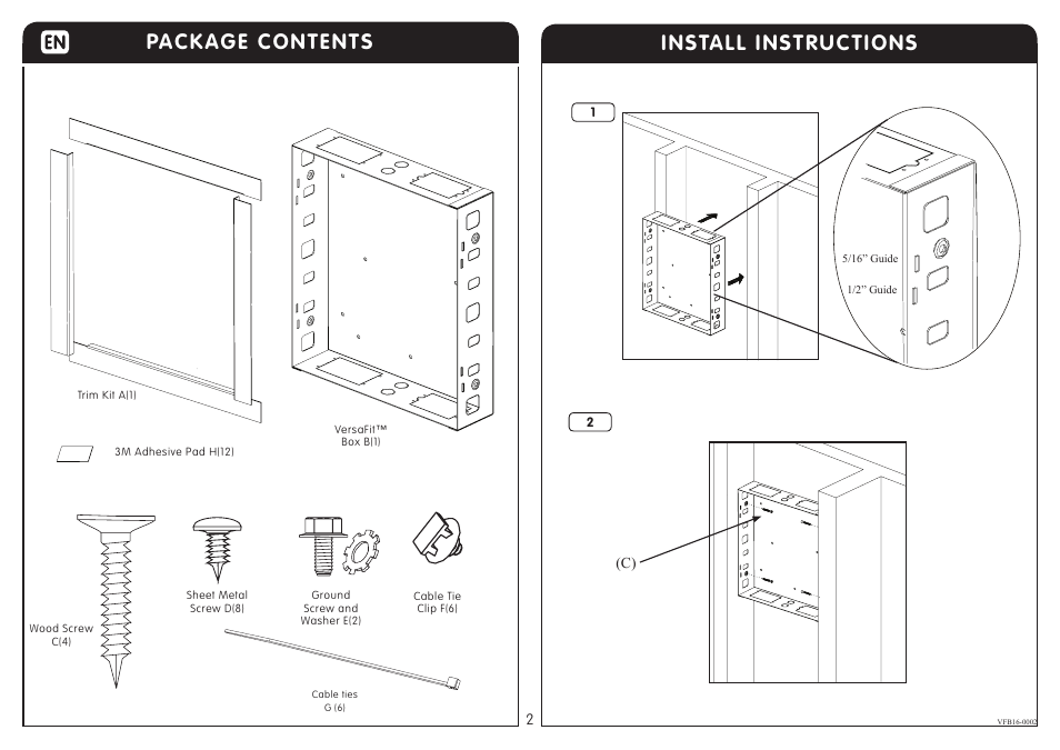 Install instructions, Package contents | Crimson VFB16 User Manual | Page 2 / 4