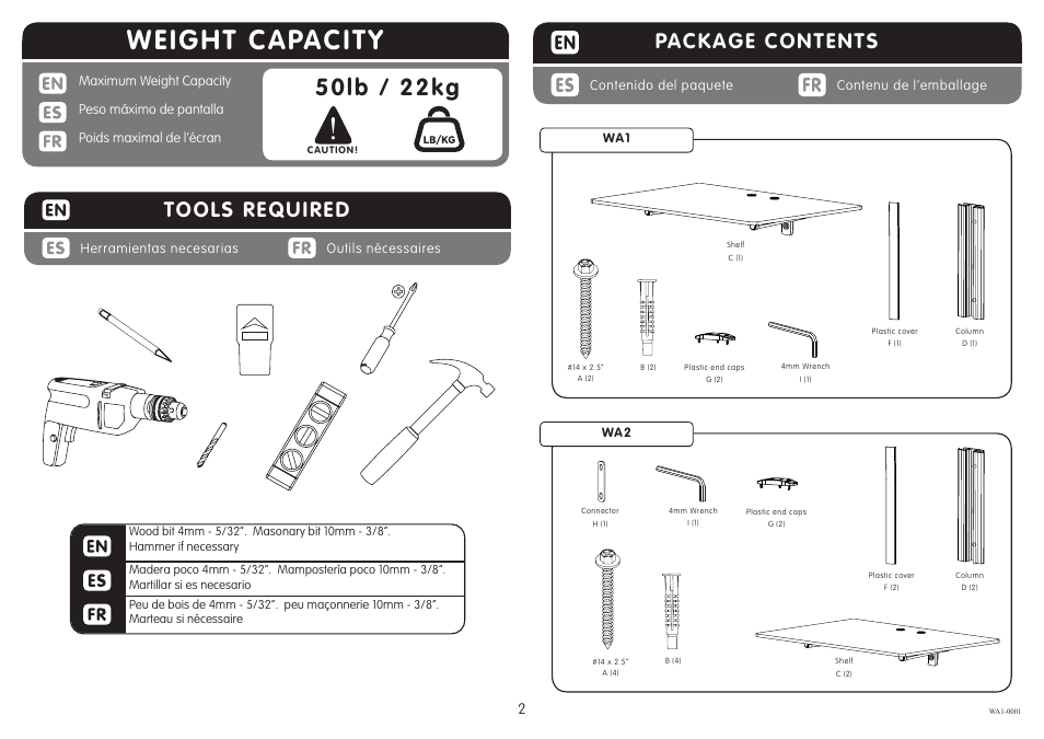 Weight capacity, 50lb / 22kg, Package contents | Tools required | Crimson WA1 User Manual | Page 2 / 7