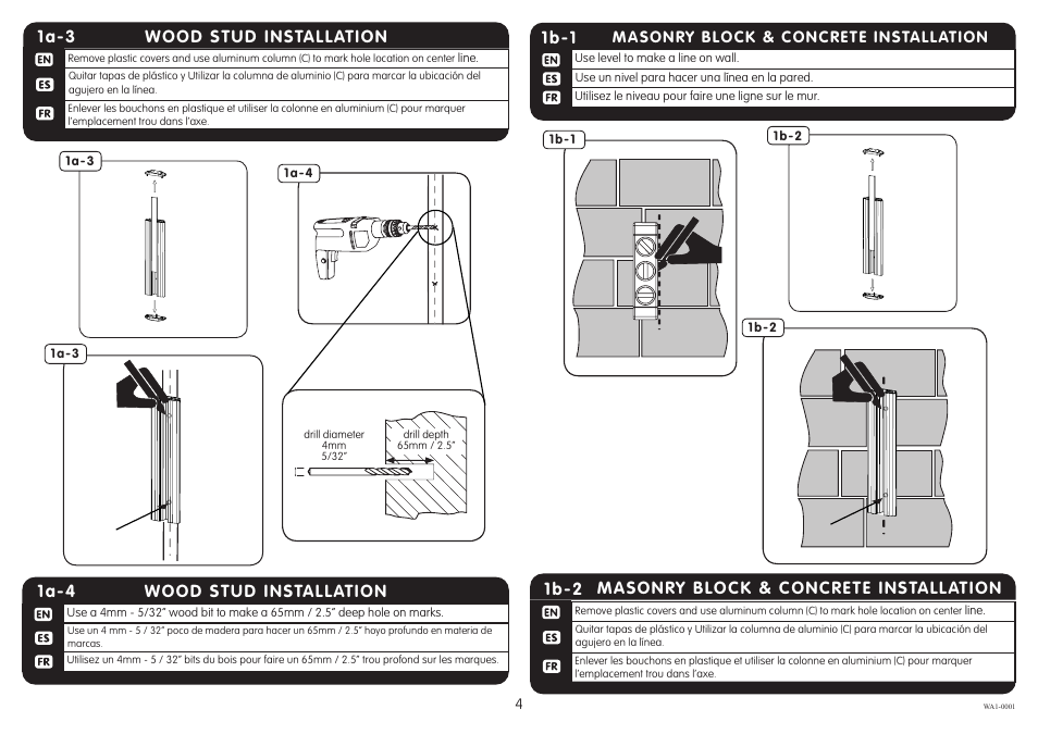 1b-1, Masonry block & concrete installation 1b-2, Wood stud installation 1a-3 | Wood stud installation 1a-4 | Crimson WA1 User Manual | Page 4 / 7