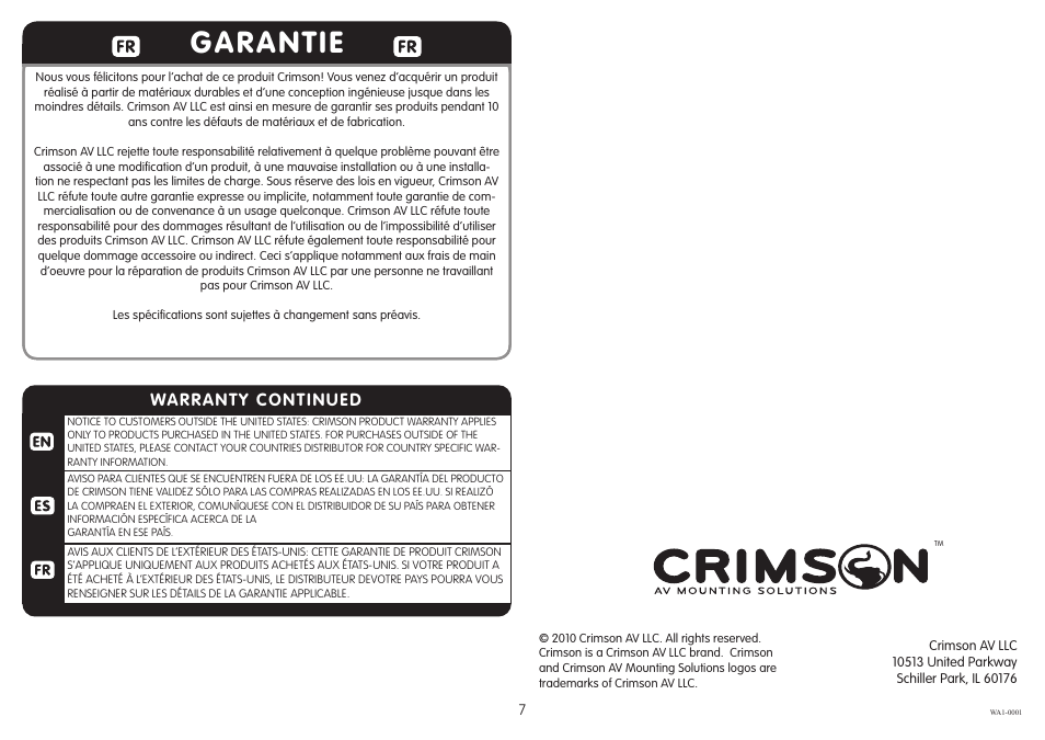 Garantie, Warranty continued | Crimson WA1 User Manual | Page 7 / 7