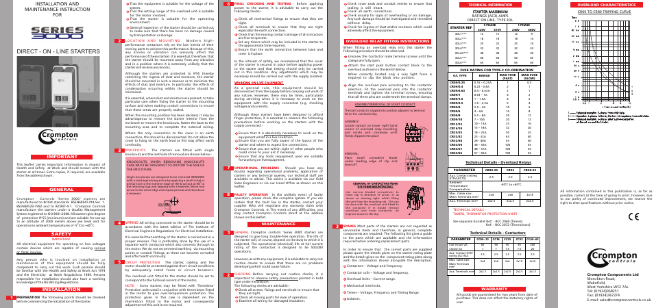 Direct - on - line starters, Installation and maintenance instruction for, Safety installation 1 | Important general | Crompton Controls 3DL07 --I User Manual | Page 2 / 2