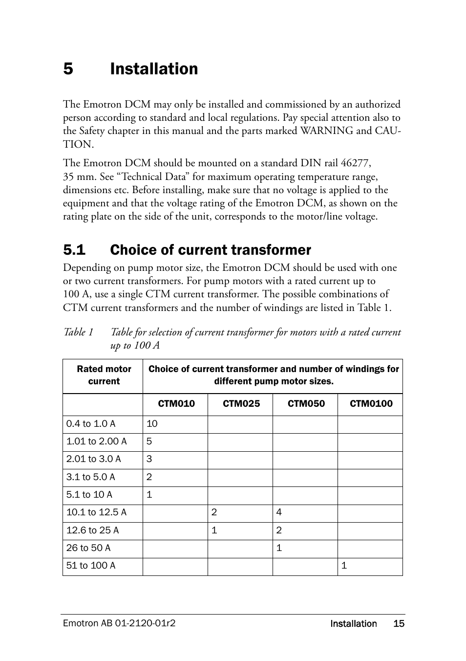 5 installation, 1 choice of current transformer, Installation | Choice of current transformer, To chapters 5 an, 5installation | Crompton Controls DCM User Manual | Page 16 / 64
