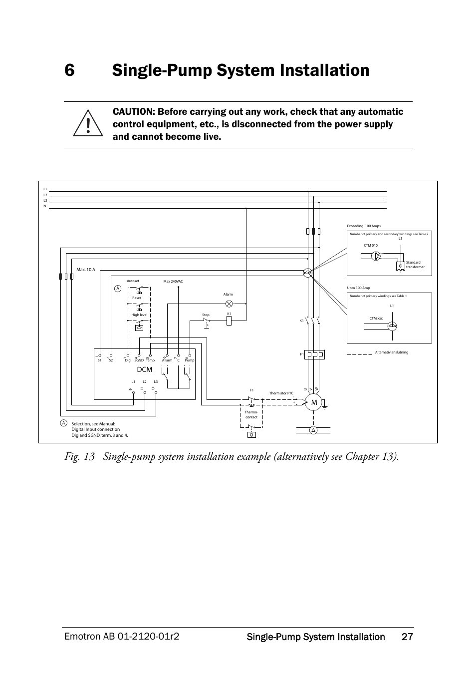 6 single-pump system installation, Single-pump system installation, Fig. 13 | Go to chapter 6 and, 6single-pump system installation | Crompton Controls DCM User Manual | Page 28 / 64
