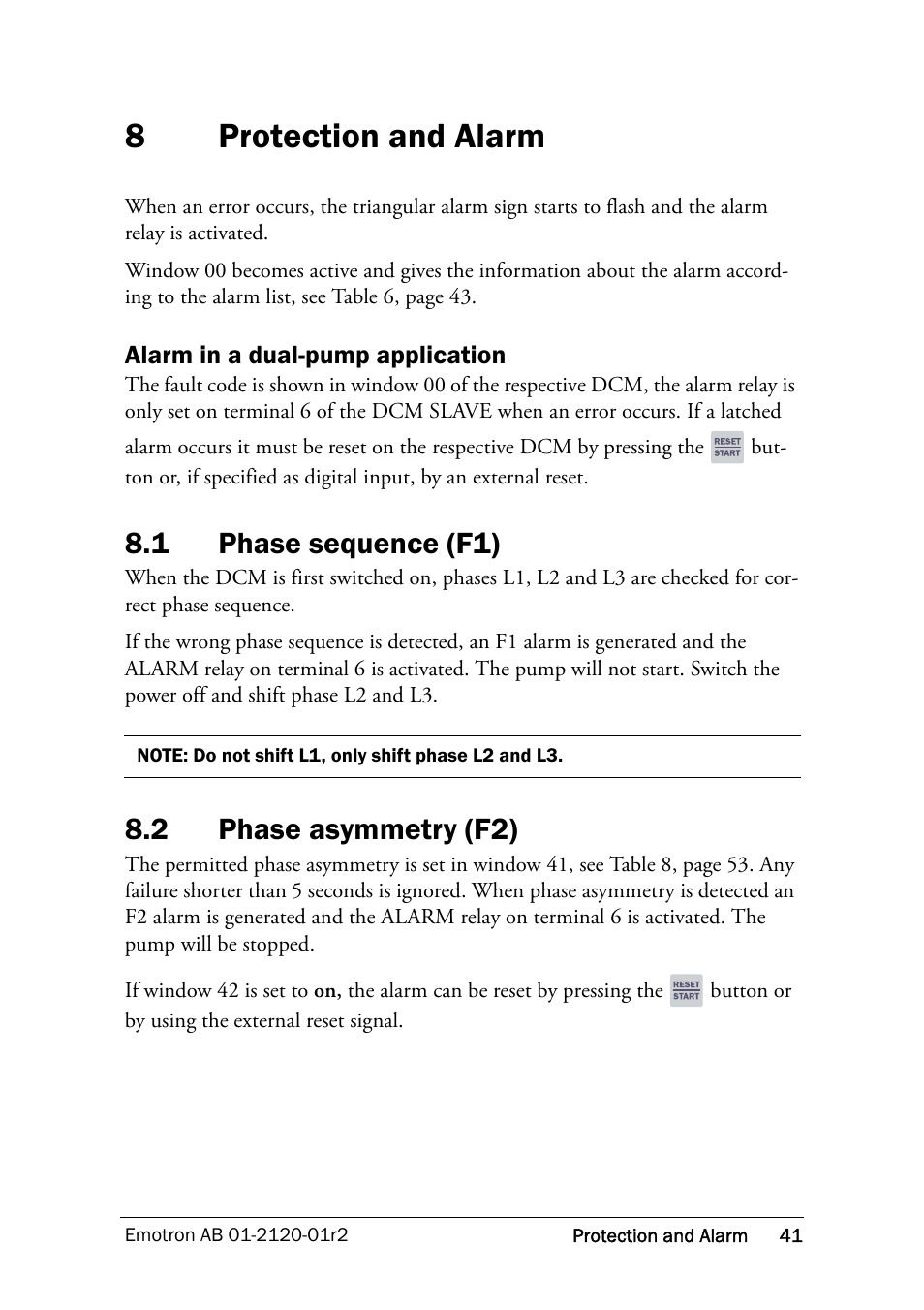 8 protection and alarm, 1 phase sequence (f1), 2 phase asymmetry (f2) | Protection and alarm, Phase sequence (f1), Phase asymmetry (f2), See chapters 8 and 9. f, Ee section 8.2, 8protection and alarm | Crompton Controls DCM User Manual | Page 42 / 64