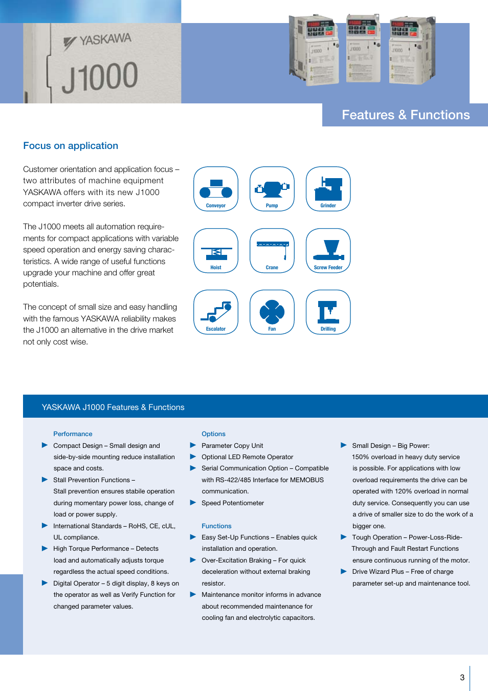 Features & functions, Focus on application | Crompton Controls CIMR-JC4A0001BAA User Manual | Page 3 / 8