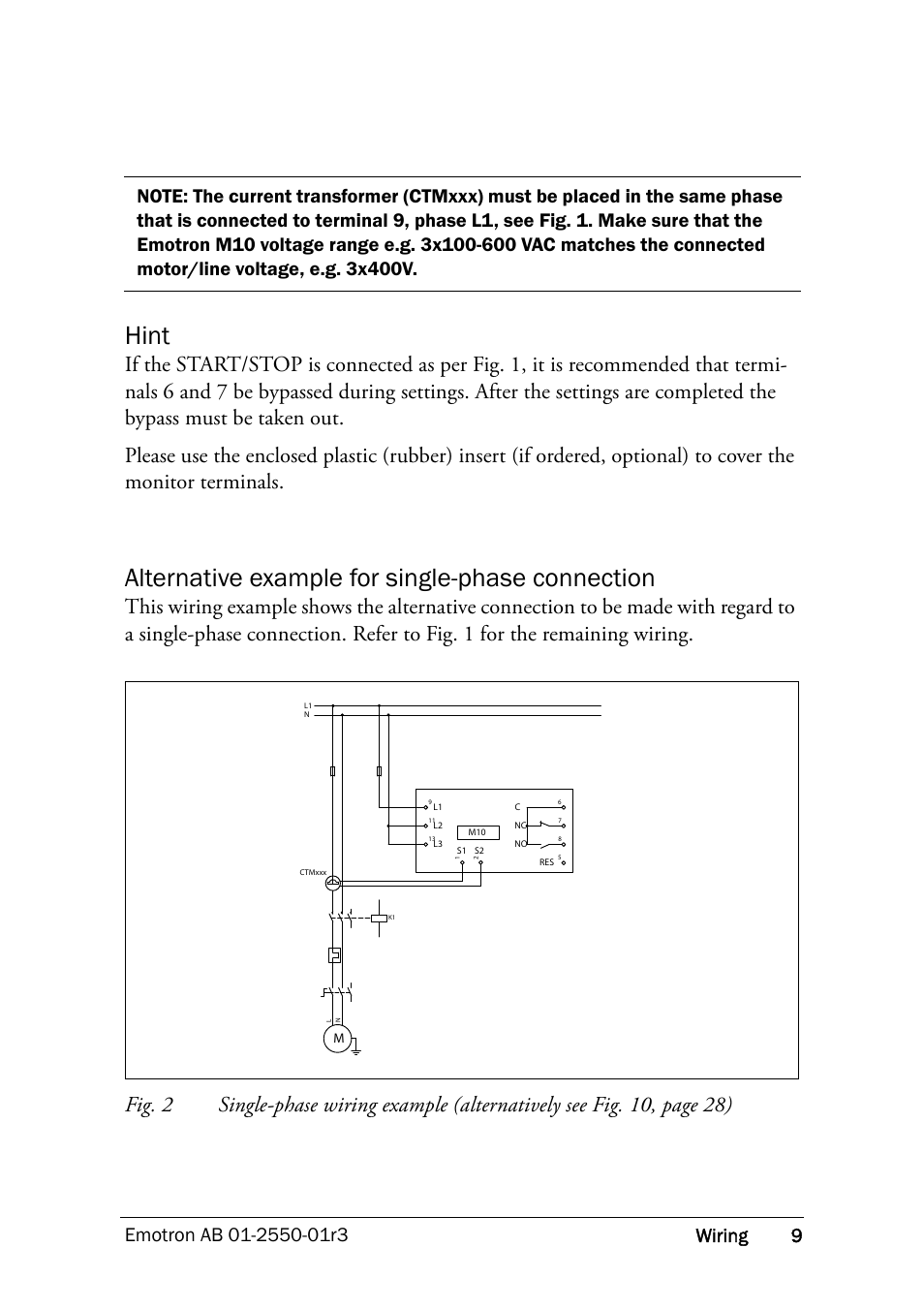 Hint, Alternative example for single-phase connection, Fig. 2 | Crompton Controls M10 User Manual | Page 11 / 34