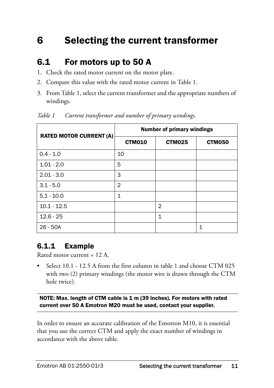 6 selecting the current transformer, 1 for motors up to 50 a, 1 example | Selecting the current transformer, For motors up to 50 a, 6selecting the current transformer | Crompton Controls M10 User Manual | Page 13 / 34