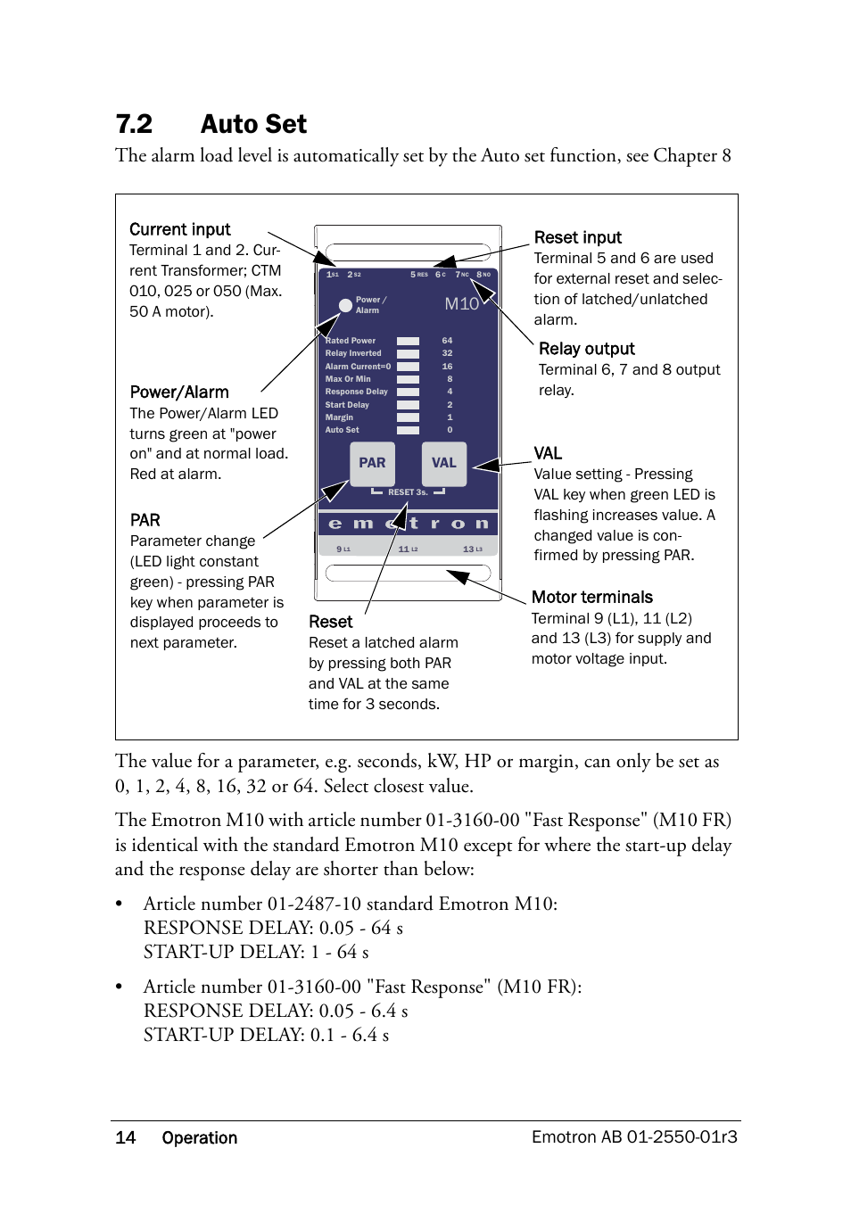 2 auto set, Auto set, M10 par | Reset input, Current input, Relay output, Motor terminals, Power/alarm, Reset, Terminal 6, 7 and 8 output relay | Crompton Controls M10 User Manual | Page 16 / 34