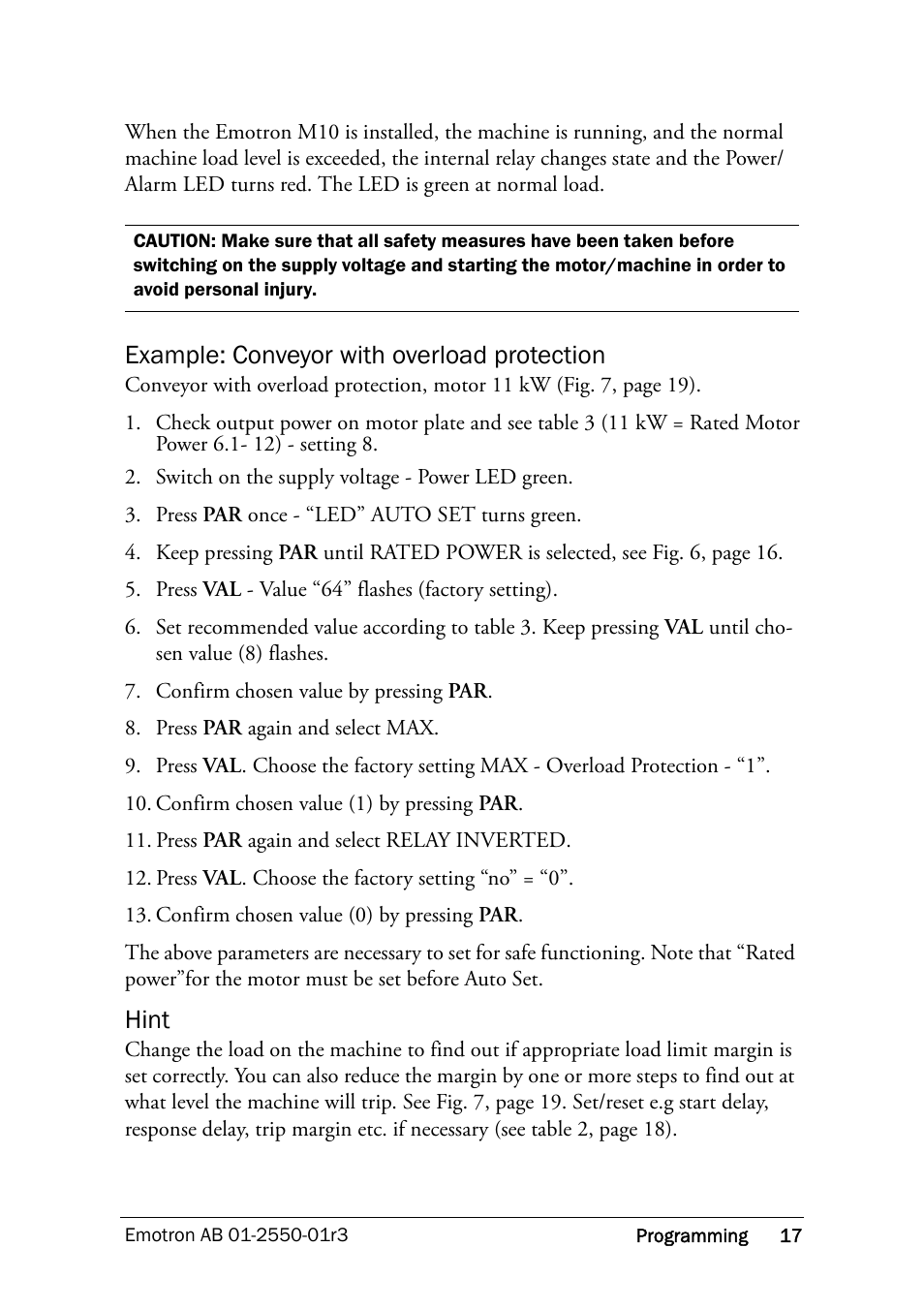Example: conveyor with overload protection, Hint | Crompton Controls M10 User Manual | Page 19 / 34