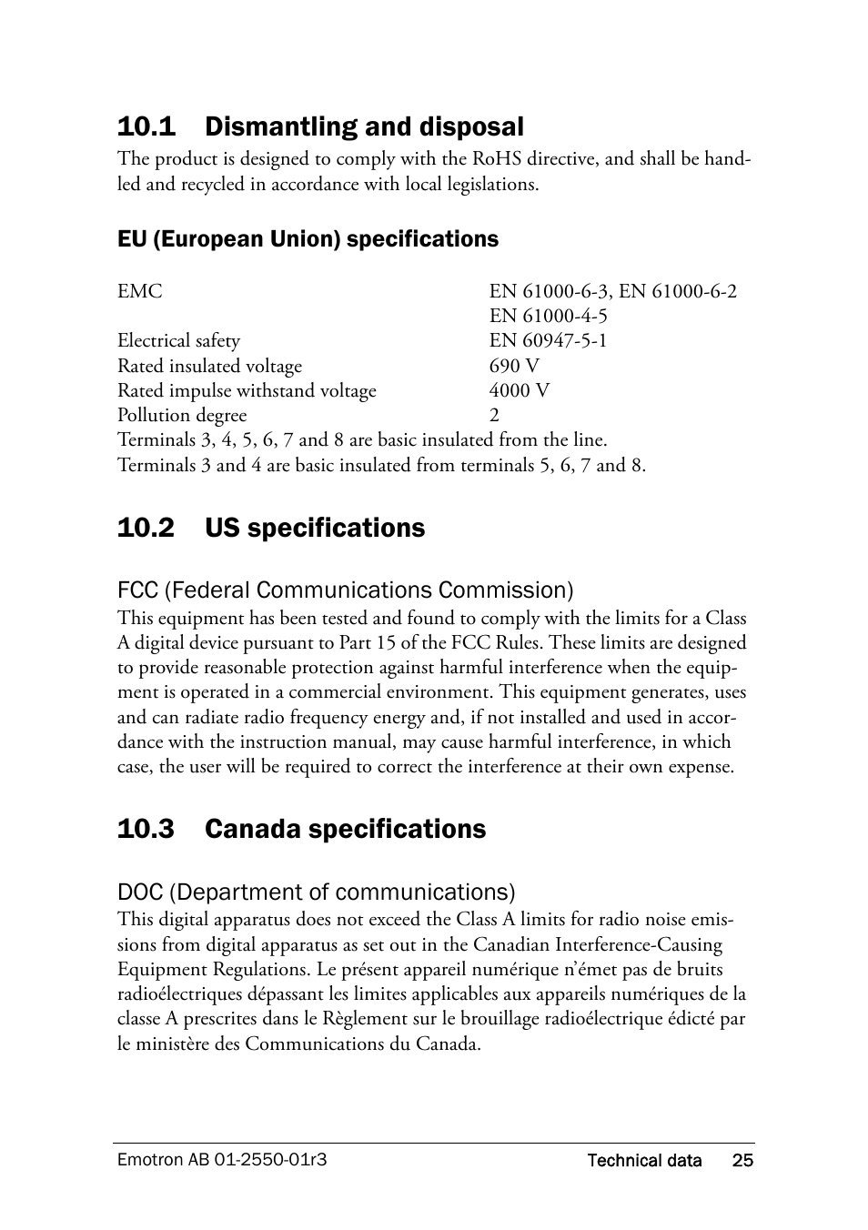 1 dismantling and disposal, 2 us specifications, Fcc (federal communications commission) | 3 canada specifications, Doc (department of communications), Dismantling and disposal, Us specifications, Canada specifications | Crompton Controls M10 User Manual | Page 27 / 34