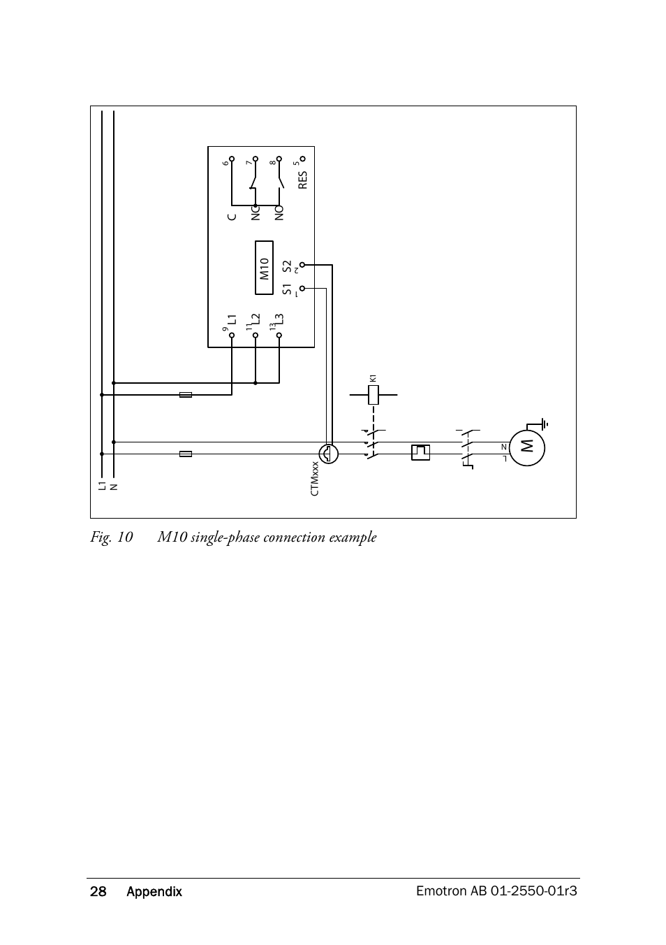 Fig. 10 m10 single-phase connection example | Crompton Controls M10 User Manual | Page 30 / 34