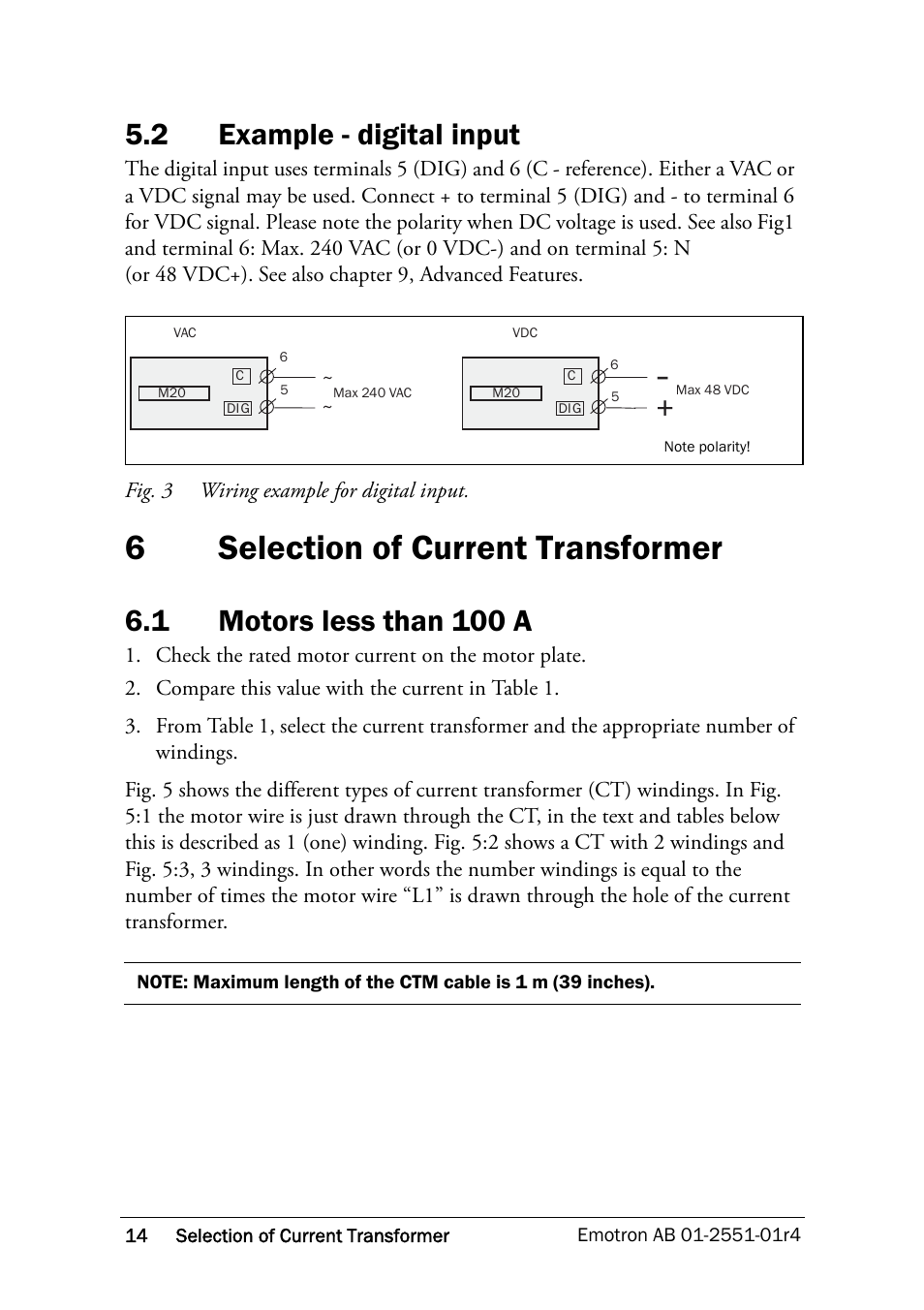 2 example - digital input, 6 selection of current transformer, 1 motors less than 100 a | Example - digital input, Selection of current transformer, Motors less than 100 a, 2 in chapter 6, 6selection of current transformer | Crompton Controls M20 User Manual | Page 15 / 56