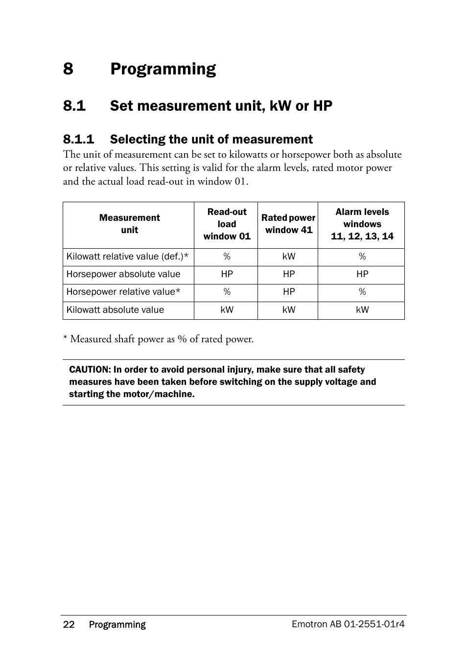 8 programming, 1 set measurement unit, kw or hp, 1 selecting the unit of measurement | Programming, Set measurement unit, kw or hp, D in chapter 8, 8programming | Crompton Controls M20 User Manual | Page 23 / 56