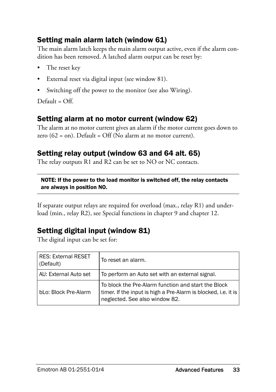 Setting main alarm latch (window 61), Setting alarm at no motor current (window 62), Setting digital input (window 81) | Crompton Controls M20 User Manual | Page 34 / 56