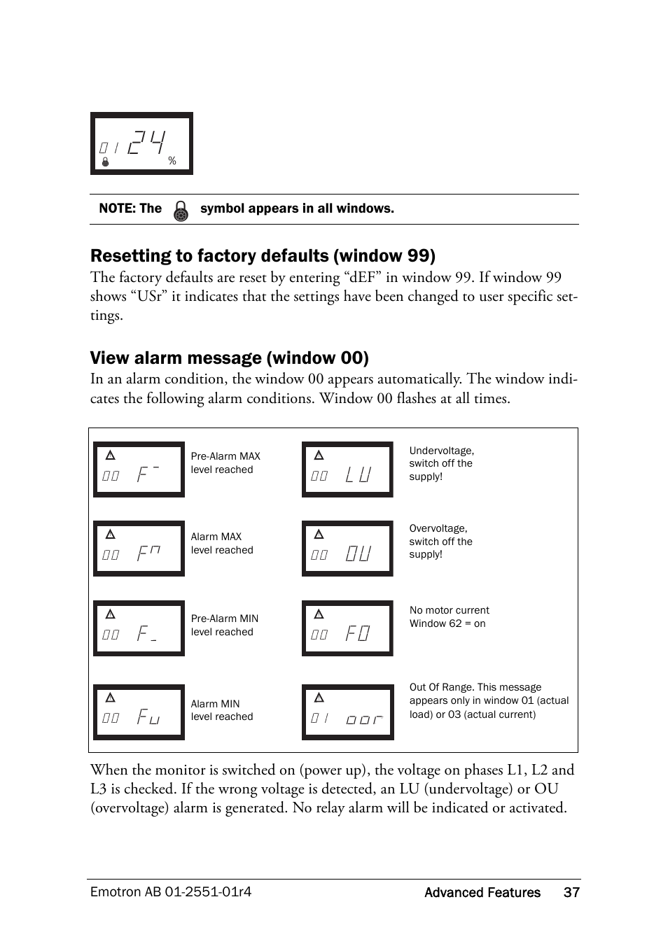 Resetting to factory defaults (window 99), View alarm message (window 00) | Crompton Controls M20 User Manual | Page 38 / 56