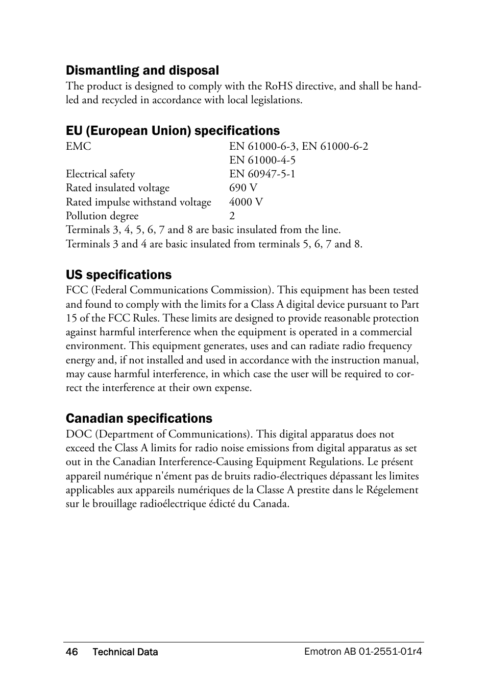 Dismantling and disposal, Eu (european union) specifications, Us specifications | Canadian specifications | Crompton Controls M20 User Manual | Page 47 / 56