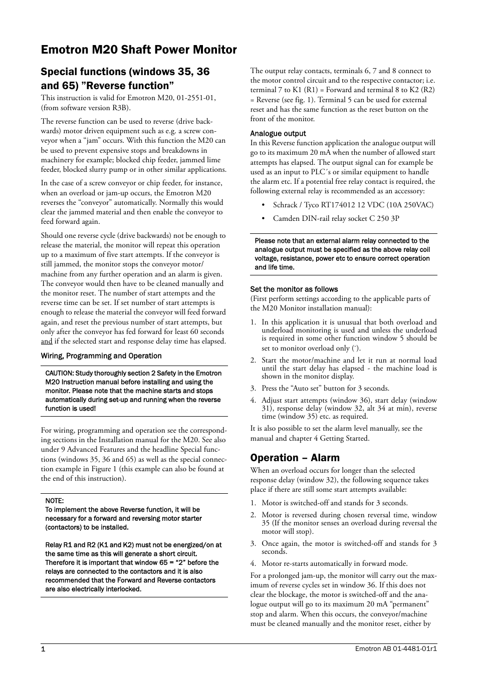 Emotron m20 shaft power monitor, Operation – alarm | Crompton Controls M20 User Manual | Page 54 / 56
