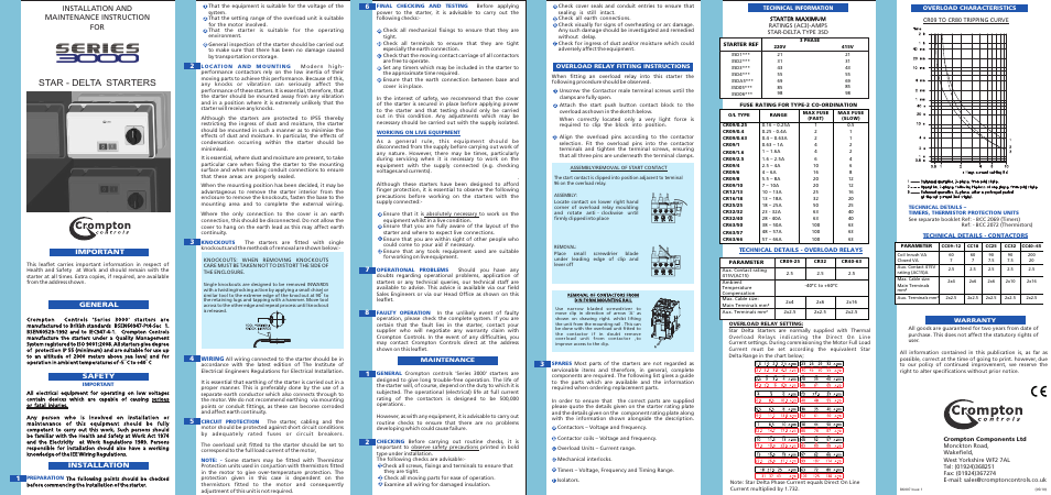 Star - delta starters, Installation and maintenance instruction for, Safety installation 1 | Important general | Crompton Controls 3SD05- -F User Manual | Page 2 / 2