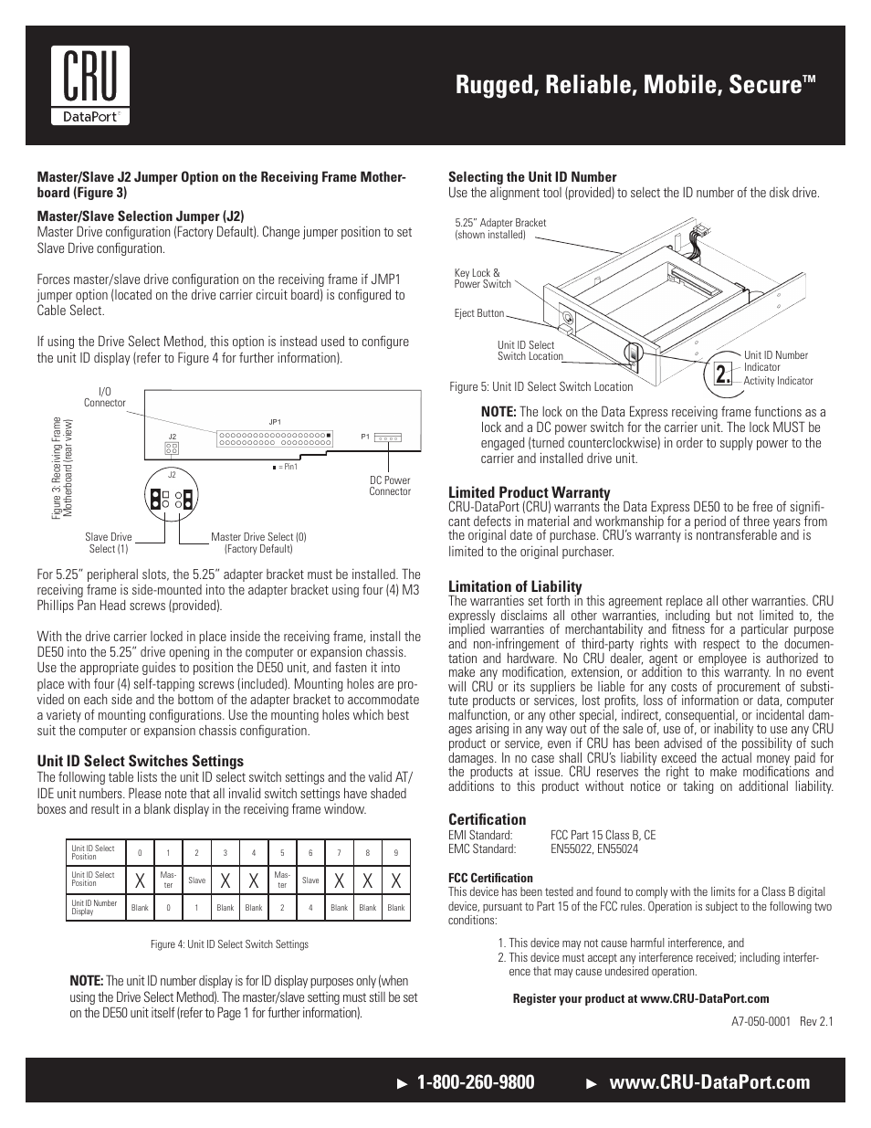 Rugged, reliable, mobile, secure, X x x, Unit id select switches settings | Limited product warranty, Limitation of liability, Certification | CRU DE50 IDE/PATA User Manual | Page 2 / 2