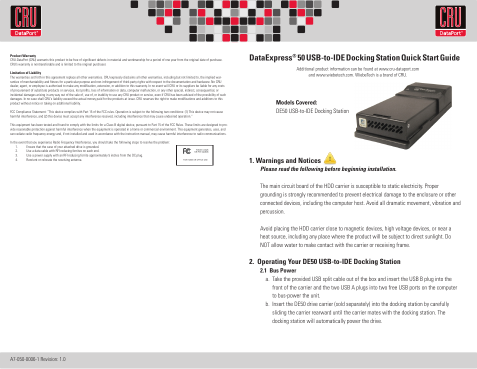 CRU DE50 USB 2.0 Docking Station User Manual | 2 pages