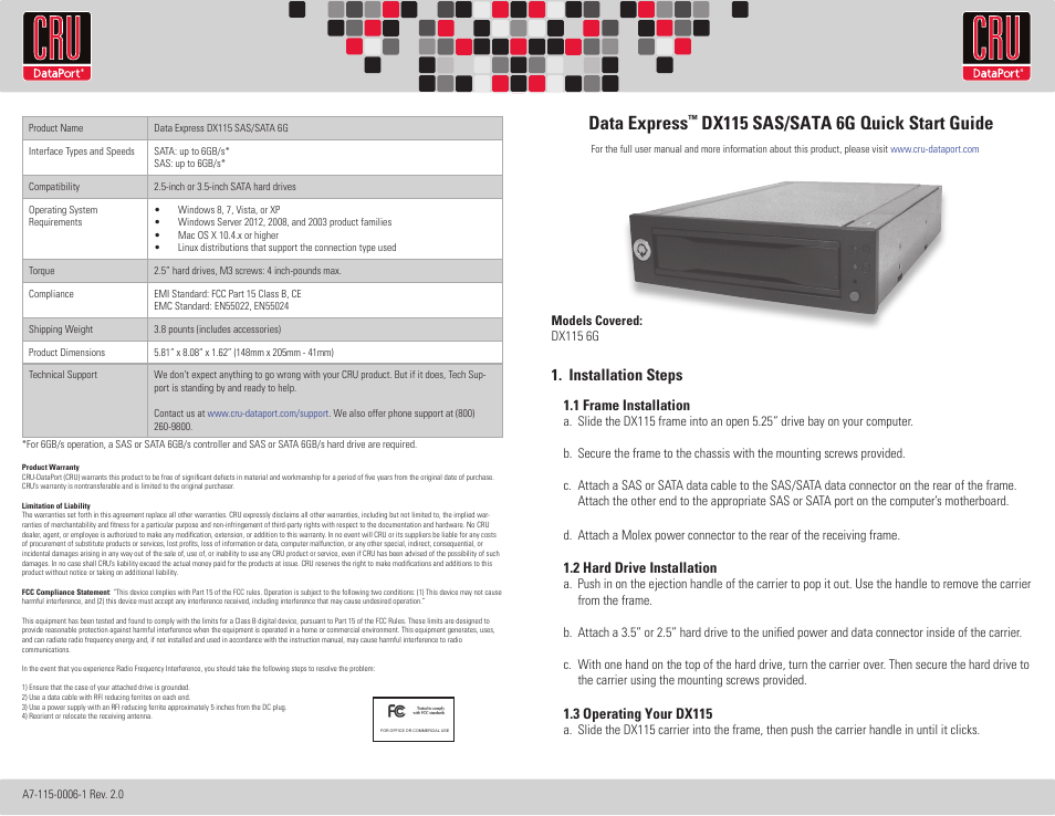 CRU DX115 SAS/SATA 6G User Manual | 2 pages