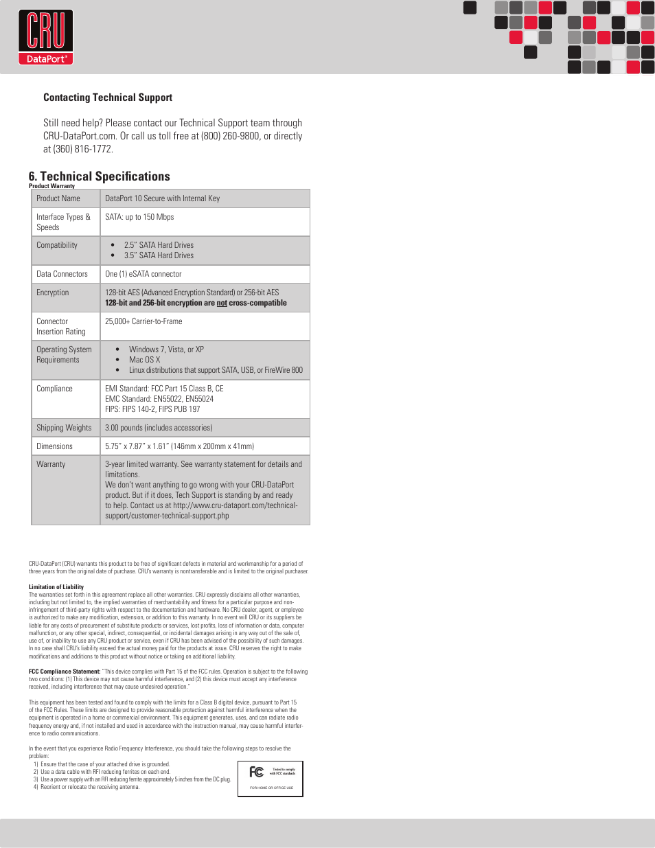 Rtx220 qr - manual, Technical specifications | CRU DataPort 10 Secure 256-bit User Manual | Page 7 / 7