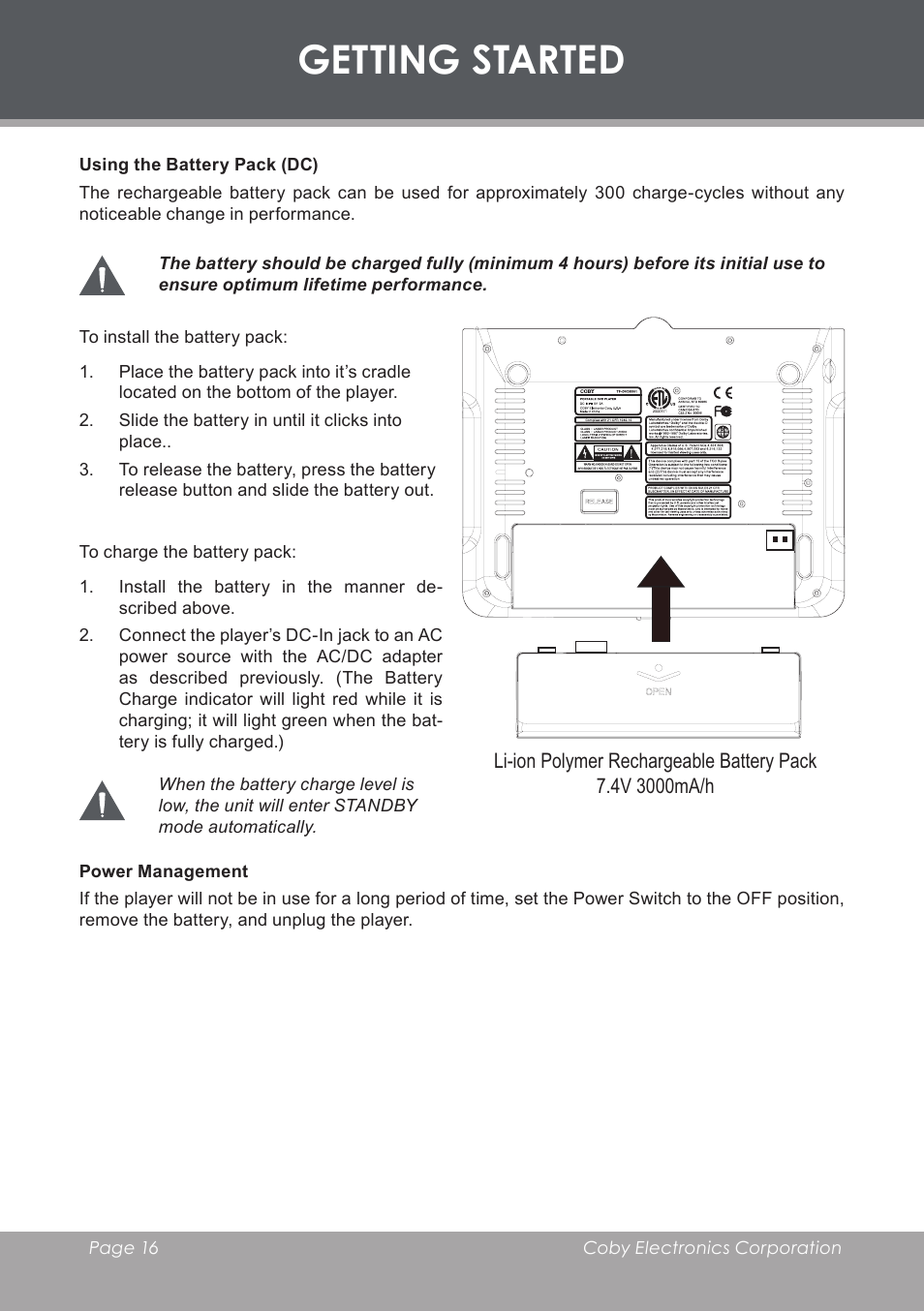 Using the battery pack (dc), Power management, Getting started | COBY electronic TF-DVD8501 User Manual | Page 16 / 32
