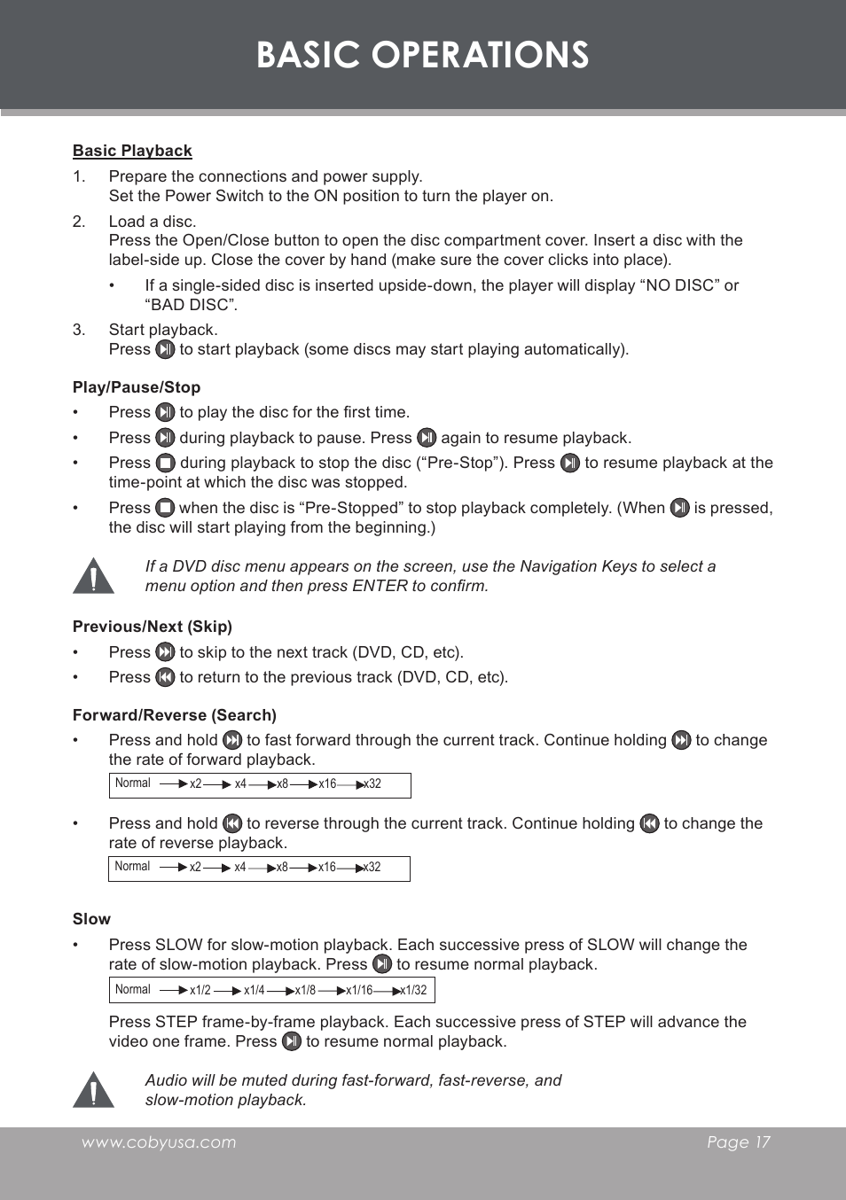 Basic operations, Basic playback, Play/pause/stop | Previous/next (skip), Forward/reverse (search), Slow | COBY electronic TF-DVD8501 User Manual | Page 17 / 32