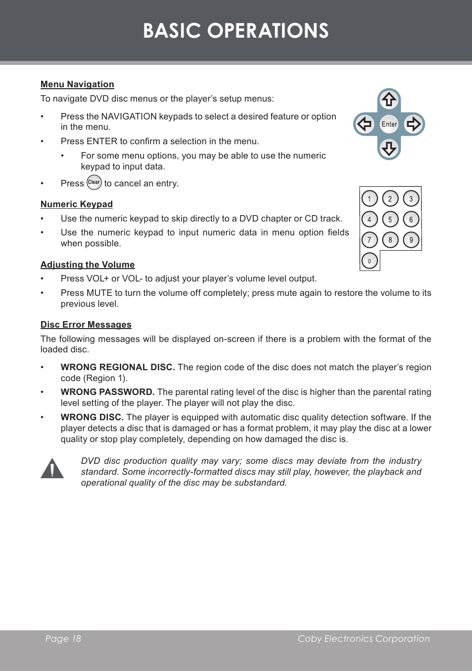 Menu navigation, Numeric keypad, Adjusting the volume | Disc error messages, Basic operations | COBY electronic TF-DVD8501 User Manual | Page 18 / 32