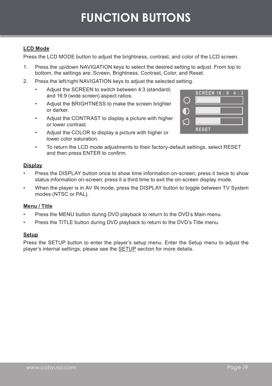 Function buttons, Lcd mode, Display | Menu / title, Setup | COBY electronic TF-DVD8501 User Manual | Page 19 / 32