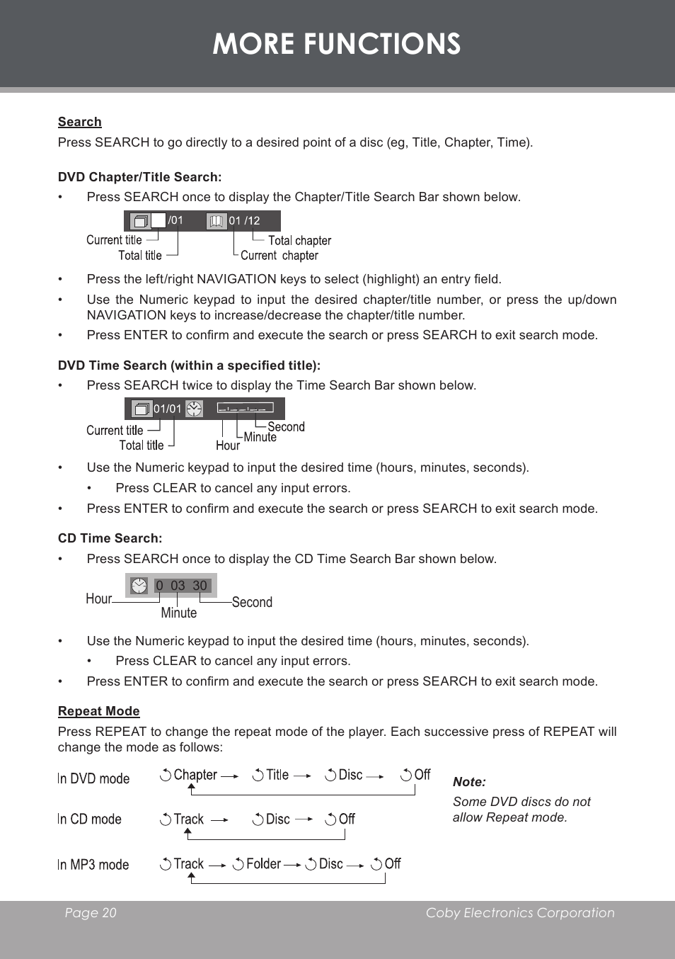 More functions, Search, Dvd chapter/title search | Dvd time search (within a specified title), Cd time search, Repeat mode | COBY electronic TF-DVD8501 User Manual | Page 20 / 32