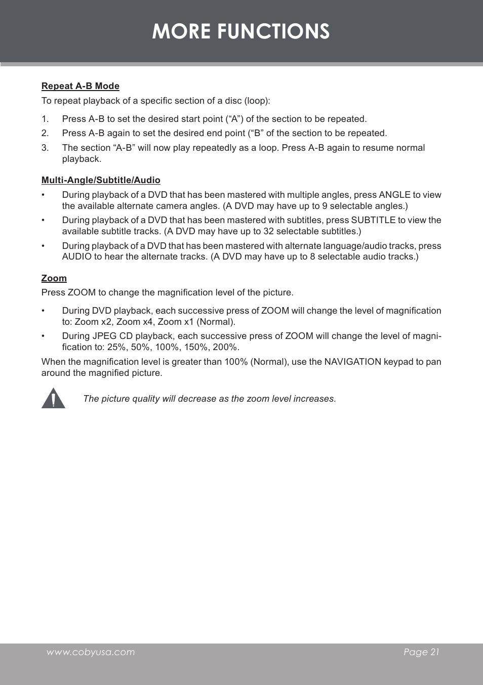 Repeat a-b mode, Multi-angle/subtitle/audio, Zoom | More functions | COBY electronic TF-DVD8501 User Manual | Page 21 / 32
