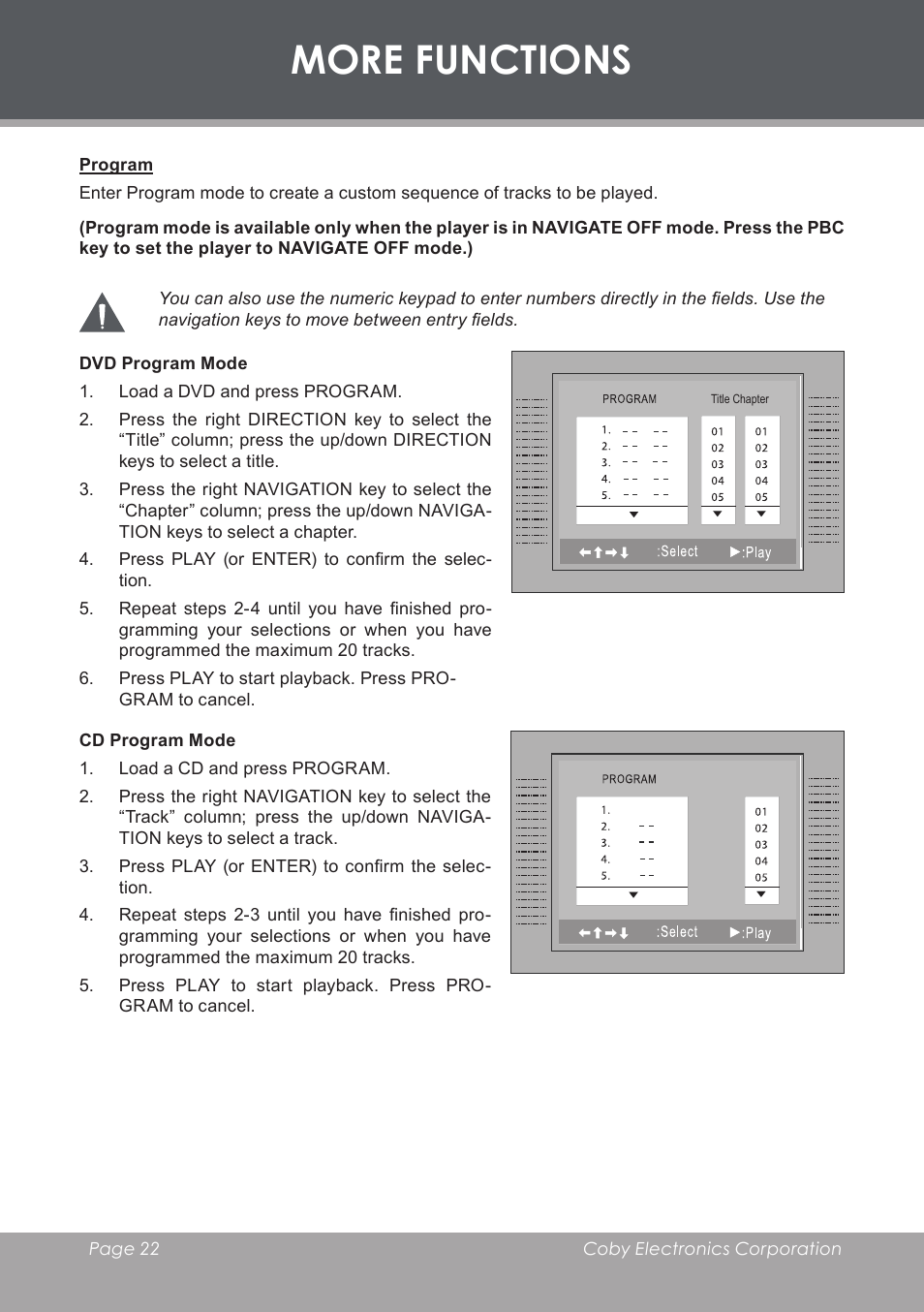 Program, Dvd program mode, Cd program mode | More functions | COBY electronic TF-DVD8501 User Manual | Page 22 / 32