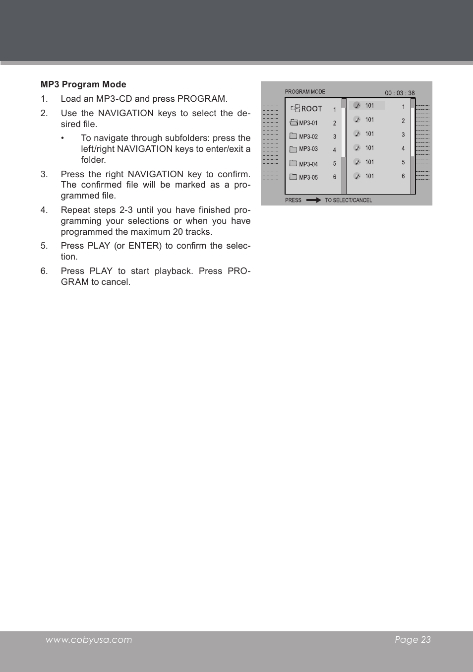 Mp3 program mode | COBY electronic TF-DVD8501 User Manual | Page 23 / 32