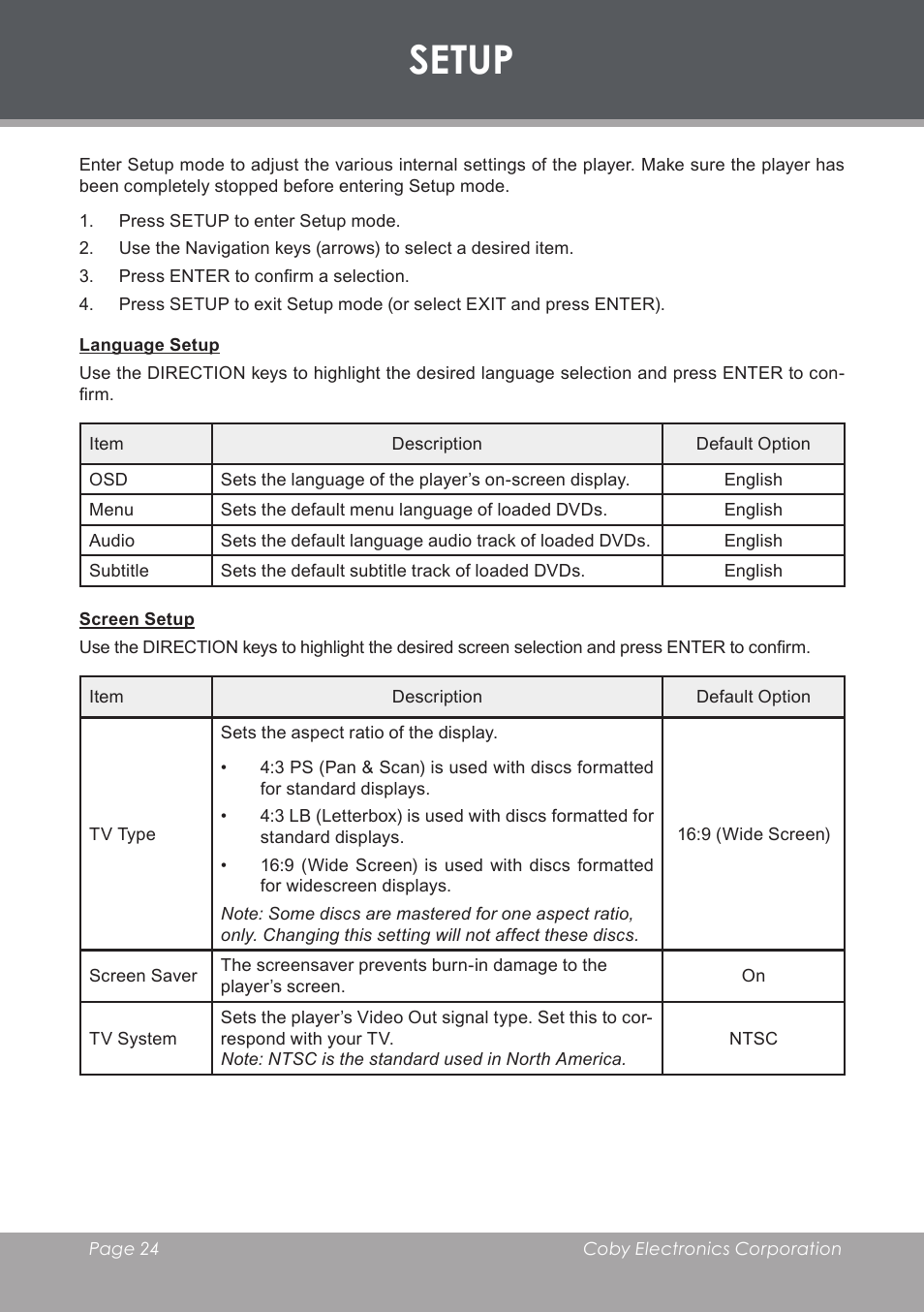 Setup, Language setup, Screen setup | COBY electronic TF-DVD8501 User Manual | Page 24 / 32