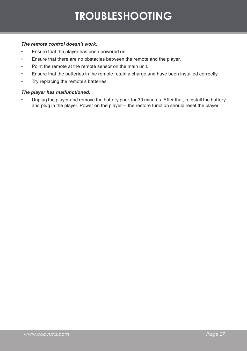 Troubleshooting | COBY electronic TF-DVD8501 User Manual | Page 27 / 32