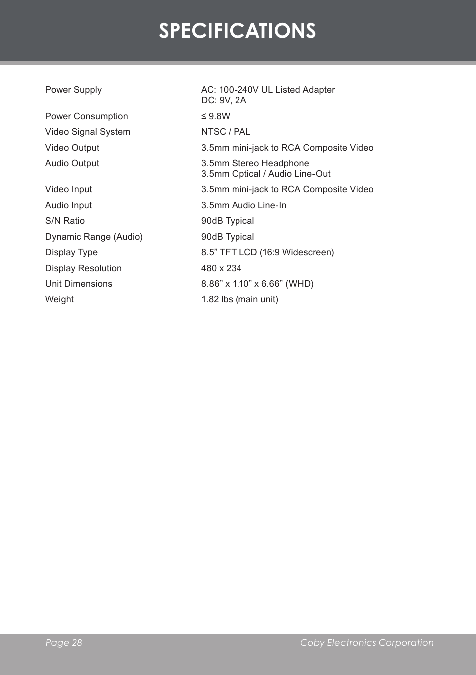 Specifications | COBY electronic TF-DVD8501 User Manual | Page 28 / 32