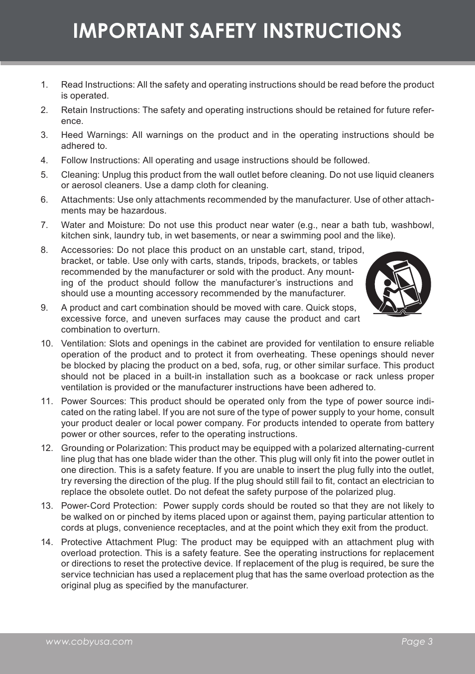 Important safety instructions | COBY electronic TF-DVD8501 User Manual | Page 3 / 32